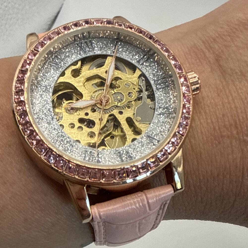 Women Pink Leather Skeleton Dial Automatic Rose Gold Stainless Steel Watch